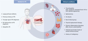 Risk factors for chronic thromboembolic pulmonary hypertension. APL: antiphospholipid; IBD: inflammatory bowel disease; PE: pulmonary embolism; RV: right ventricle; VA: ventriculoatrial; vWF: von Willebrand factor. Created with BioRender.com.