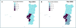 Geographic distribution of PCI per million inhabitants by region in Portugal in the years 2014 (A) and 2022 (B).