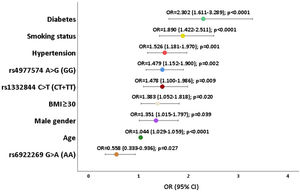 Association between all significant variables and arterial calcification (multivariate analysis). BMI: body mass index (kg/m2); CI: confidence interval; OR: odds ratio. Statistically significant for p<0.05.