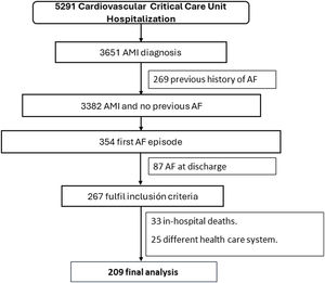 Flow chart. Flow of the patients included in the study. AF: atrial fibrillation; AMI: acute myocardial infarction.
