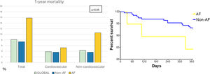 Mortality outcomes. All-cause mortality, cardiovascular and non-cardiovascular mortality according to main objective (left) and Kaplan–Meier survival analysis (right). AF: atrial fibrillation.