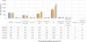 Number of ablations according to the arrhythmia diagnosis (2018–2022). AF: atrial fibrillation; AFL: atrial flutter; AT: atrial tachycardia; AV node: atrioventricular node ablation; AVNRT: atrioventricular reentry tachycardia; PVCs: premature ventricular contractions; VT: ventricular tachycardia.