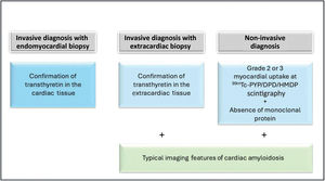 Diagnosis of transthyretin amyloid cardiomyopathy. 99mTc: 99mTechnetium; ATTR-CM: transthyretin amyloid cardiomyopathy; DPD: 3,3-diphosphono-1,2-propanodicarboxylic acid; HMDP: hydroxymethylene diphosphonate; PYP: pyrophosphate.