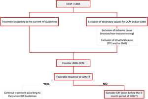Proposed simplified algorithm for diagnosis and treatment of LBBBi-DCM. CMR: cardiac magnetic resonance; CRT: cardiac resynchronization therapy; DCM: dilated cardiomyopathy; GDMT: guideline-directed medical therapy; HF: heart failure; LBBB: left bundle branch block; LBBBi-DCM: LBBB-induced dilated cardiomyopathy; TTE: transthoracic echocardiogram.