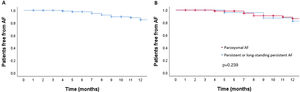 Freedom from atrial fibrillation over time. (A) Recurrence was observed in 14% of the overall cohort at 12 months of follow-up; (B) there was no significant difference in recurrence rate between patients with paroxysmal vs. persistent or long-standing persistent AF (11.3 vs. 20.7%, p=0.293). AF: atrial fibrillation.
