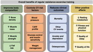Main beneficial health effects of resistance exercise. CV: cardiovascular.