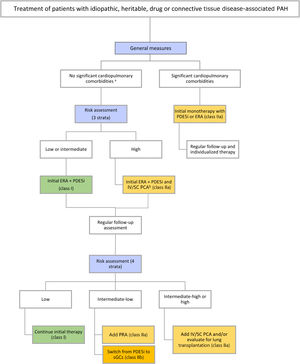 Pulmonary arterial hypertension treatment algorithm. a Cardiopulmonary comorbidities are conditions associated with an increased risk of left ventricular diastolic dysfunction, and include obesity, hypertension, diabetes, and coronary heart disease; pulmonary comorbidities may include signs of mild parenchymal lung disease and are often associated with a low DLCO. b Intravenous epoprostenol or intravenous/subcutaneous treprostinil. DLCO: diffusion capacity of the lung for carbon monoxide; ERA: endothelin receptor antagonist; PCA: prostacyclin analog; PDE-5i: phosphodiesterase 5 inhibitor; PRA: prostacyclin receptor agonist; sGCs: soluble guanylate cyclase stimulator. Adapted from the 2022 ESC/ERS guidelines for the diagnosis and treatment of pulmonary hypertension.1