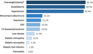 Prevalence of complications and comorbidities in T2DM patients. Data are presented as relative frequencies. * Information on overweight/obesity was available for 678 patients and albuminuria for 634.