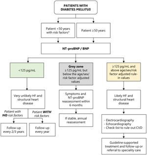 Algorithm for screening and diagnosis of HD in patients with diabetes. *Risk factors: obesity, hypertension, chronic kidney disease, coronary artery disease, smoking or HbA1c above target.