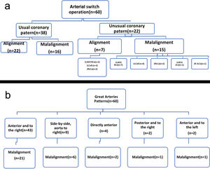 Evaluation of commissural malalignment in patients. (a) According to coronary artery anomaly and (b) according to great arteries patterns.