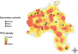 Density of fast food outlets around secondary schools.