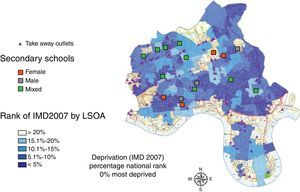 Location of FFO and schools in relation to deprivation by lower super output areas (LSOA).