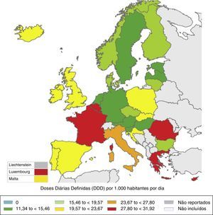 Consumo de antibióticos em ambulatório em 30 países europeus, em 2012, em doses diárias definidas/1.000 habitantes/dia. Fonte: ECDC Surveillance Report: Surveillance of antimicrobial consumption in Europe, 20129.