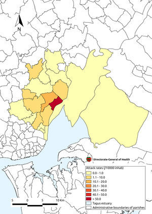 Map showing the attack rate of Legionnaires’ disease by place of residence (parish), Vila Franca de Xira, Portugal.
