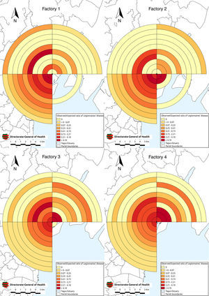Legionnaires’ disease near four industries with wet cooling systems by distance of residence from the tower(s).