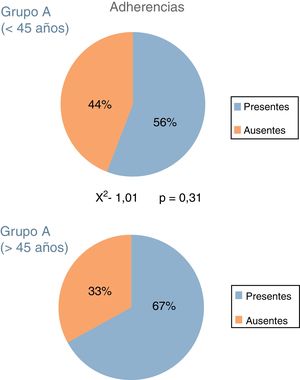Porcentaje de adherencias en cada uno de los grupos de estudio. El análisis estadístico no mostró diferencias significativas entre los grupos.