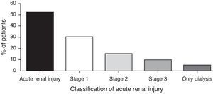Percentage of patients (n=106) with acute renal injury according to AKIN classification during the use of amphotericin B deoxycholate (AKIN 1=30 patients, AKIN 2=16 patients, AKIN 3=10 patients and, dialysis=5 patients).