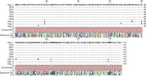 Avr3a amino acid sequences alignment showing the sequences obtained in this study, the two variants of the Avr3a originally described (80KI and 103EM)1 and the haplotypes reported for Colombia by Cárdenas et al. (Hap_1, Hap_2, Hap_3 and Hap_4).4