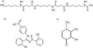 Fórmulas estructurales de los quelantes deferoxamina (a), deferasirox (b) y deferiprona (c). Fuente: PubChem Public Chemical Database, 2012.