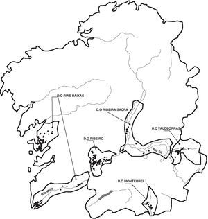 Mapa indicando los puntos de muestreo en las cinco denominaciones de origen vitivinícolas gallegas.