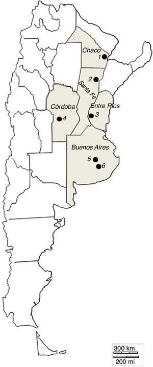Map of Argentina showing the sampling sites where decomposing cattle faeces were collected. Each black circle represents one sampling site: 1: Resistencia (27°27′5″S, 58°59′12″W), Chaco province; 2: Reconquista (29°09′41″S, 59°42′21″O), Santa Fé province; 3: Victoria (30°59′6″S, 57°55′12″W), Entre Ríos province; 4: Río Cuarto (29°45’44″S, 63°27’29”W), Córdoba province; 5: Azul (36°49′01″S, 59°50′05″W) and 6: Tandil (37°19′18″S, 59°04′50″W), Buenos Aires province.