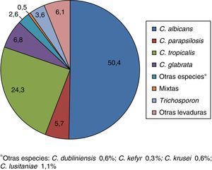 Distribución en porcentaje de las distintas especies de levaduras en 542 aislamientos de urocultivos.