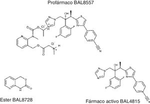 Estructura química del isavuconazonio (BAL8557) y del isavuconazol (BAL4815).