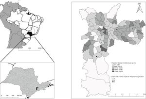 Population density of the municipality of São Paulo and locations in which H. capsulatum was found (QGIS version 2.18).