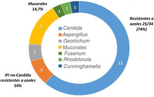 Epidemiología de las infecciones fúngicas invasivas (IFI) de brecha en España (34 casos de IFI de brecha probada en pacientes oncohematológicos).