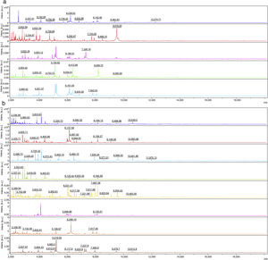 Intensities and position (m/z) of the main peaks in the spectra of some species. (a) Epidermophyton floccosum (blue), Microsporum canis (red), Microsporum fulvum (Nannizzia fulva) (purple), Microsporum gypseum (Nannizzia gypsea) (green), Microsporum nanum (Nannizzia nana) (light blue). (b) Trichophyton tonsurans (blue), Trichophyton rubrum (red), Trichophyton mentagrophytes complex (light blue), Trichophyton violaceum (green), Trichophyton schoenleinii (yellow), Trichophyton erinacei (purple), Trichophyton verrucosum (orange) and Trichophyton ajelloi (Arthroderma uncinatum) (brown).