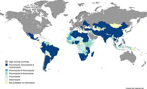 Global availability of azoles in low- and middle-income countries. Created with mapchart.net.