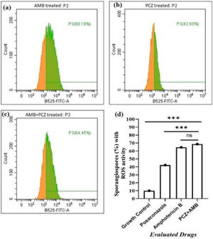 FACS data of the effects of antifungal exposure on the production of reactive oxygen species (ROS) by R. homothallicus sporangiospores: (a) amphotericin B treated; (b) posaconazole treated; (c) AMB+PCZ treated, and (d) graph showing statistical significance (One-way ANOVA, adjusted p-values), ns=non-significant, ***p≤0001.