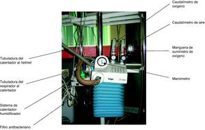 Respirador de presión positiva continua, con caudalímetros de aire y oxígeno de 30 l/min, tubuladuras y sistema de humidificación activa.