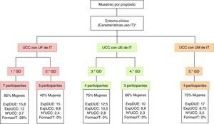 Características de los grupos de discusión en función de los criterios poblacionales y procedimientos muestrales. * Hipótesis conceptual: el entorno clínico condiciona las conceptualizaciones del uso de IT. IT: Inmovilización Terapéutica; UCC: Unidades de Cuidados Críticos; UF: uso frecuente/sistemático; UE: uso escaso/individualizado; UM: uso mixto; GD: Grupo de Discusión; ExpDUE: años de experiencia laboral como enfermero; ExpUCC: años de experiencia laboral como enfermero en Unidades de Cuidados Críticos; N°UCC: número de Unidades de Cuidados Críticos diferentes en las que se ha desarrollado actividad asistencial; FormacIT: porcentaje de participantes con formación específica en Inmovilización Terapéutica, no obligatoriamente en el ámbito de Cuidados Críticos.