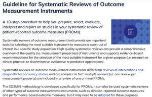 Sección de la página web de COSMIN dedicada a las directrices para llevar a cabo revisiones sistemáticas sobre instrumentos de medida Fuente: COSMIN [Internet]. Amsterdam: Dept. of Epidemiolgy and Biostatistics; 2020 [consultado 16 Sep 2020]. I’m conducting a systematic review of outcome measurement instruments. Disponible en: https://www.cosmin.nl/finding-right-tool/conducting-systematic-review-outcome-measurement-instruments/