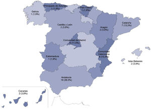 Distribución de UCI que respondieron a la encuesta por comunidad autónoma. Las cifras se muestran como número (porcentaje).