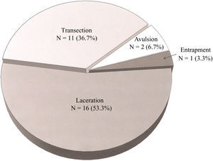 Distribución del tipo de lesiones según la población del estudio. Transection ´ Sección transversal. Avulsion = Avulsión. Entrapment = Atropamiento. Laceation = Laceración.