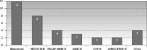 Distribución de los esquemas no autorizados en la ficha técnica que se han utilizado para el tratamiento de los pacientes con linfoma de células B grandes. Otros: FC-R, etopósido-vincristina-R, metotrexato-citarabina-R, GMZ-R.