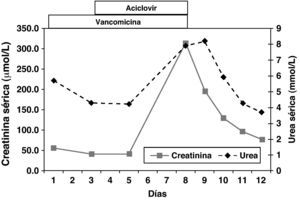 Evolución de los niveles de creatinina y urea séricas y durante el tratamiento con vancomicina y aciclovir y tras suspender ambos tratamientos.