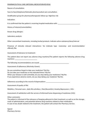 Structured pharmaceutical care record on medical history.