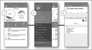 Application EMMASalud MyPlan screenshots. 1) Home screen. 2) System menu (agenda, self-controls, treatment consultation and management, messages, health information, personal data, healthcare data, clinical data, help, about the app and terms of use. 3) An example of self-control (i.e., cardiac frequency measure): view of the data provided by the patient and the pattern prescribed at the agenda.