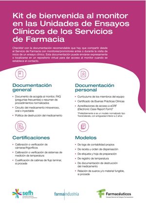 Kit de bienvenida al monitor en las unidades de ensayos clínicos de los servicios de farmacia.