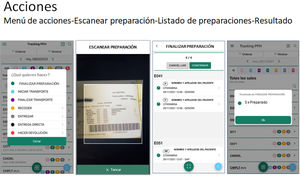 Capturas de pantalla de la aplicación. Menú con las diferentes acciones que se pueden realizar. De izquierda a derecha: A) acciones a realizar con su código de colores; B) escaneado de la etiqueta de la preparación; C) listado de las preparaciones escaneadas listas para «Finalizar preparación» y D) confirmación final.