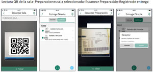 Capturas de pantalla de la aplicación. Entrega directa. De izquierda a derecha: A) lectura código QR de la sala; B) listado de preparaciones a entregar; C) escaneo de la etiqueta de la preparación y D) confirmación final con identificación de la persona que lo recepciona.