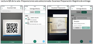 Screenshots of the application. Direct delivery. From left to right: A) reading the QR code of the room; B) list of preparations to be delivered; C) scanning the label; and D) final confirmation with receiver ID.