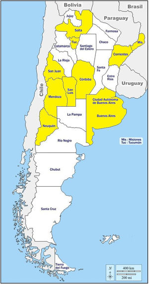 Provinces (in yellow) with active residency programs in 2023. (For interpretation of the references to color in this figure legend, the reader is referred to the web version of this article.)