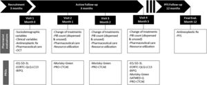 Study periods and assessments. BIPQ, Brief Illness Perception Questionnaire; EORTC QLQ-LC13, 13-item lung cancer-specific questionnaire module of the EORTC Core Quality of Life Questionnaire; EQ-5D-3L, 3-level version of the EQ-5D; MGLS-4, 4-items Morisky Green Levine Medication Adherence Scale; OCT, oral chemotherapy; PRO-CTCAE®, Patient-Reported Outcomes Version of the Common Terminology Criteria for Adverse Events; PFS, progression-free survival; SATMED-Q, Treatment Satisfaction with Medicines Questionnaire.