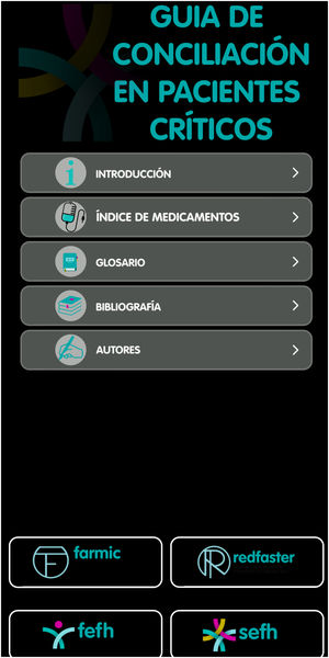 Pantalla inicial de la guía de conciliación en pacientes críticos.