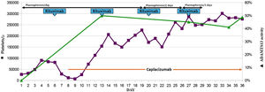 Treatment approach, platelet count, and ADAMTS13 activity during hospitalization.