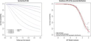 A) Survival estimates by IF-CSS value and sex. Age is expressed as the mean. B) Graphical representation of the residuals of the parametric model.